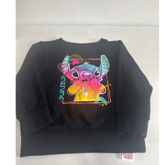 Disney Stitch Black Graphic Sweatshirt Kids XS Colorful Cartoon Pullover - Picture 2 of 8
